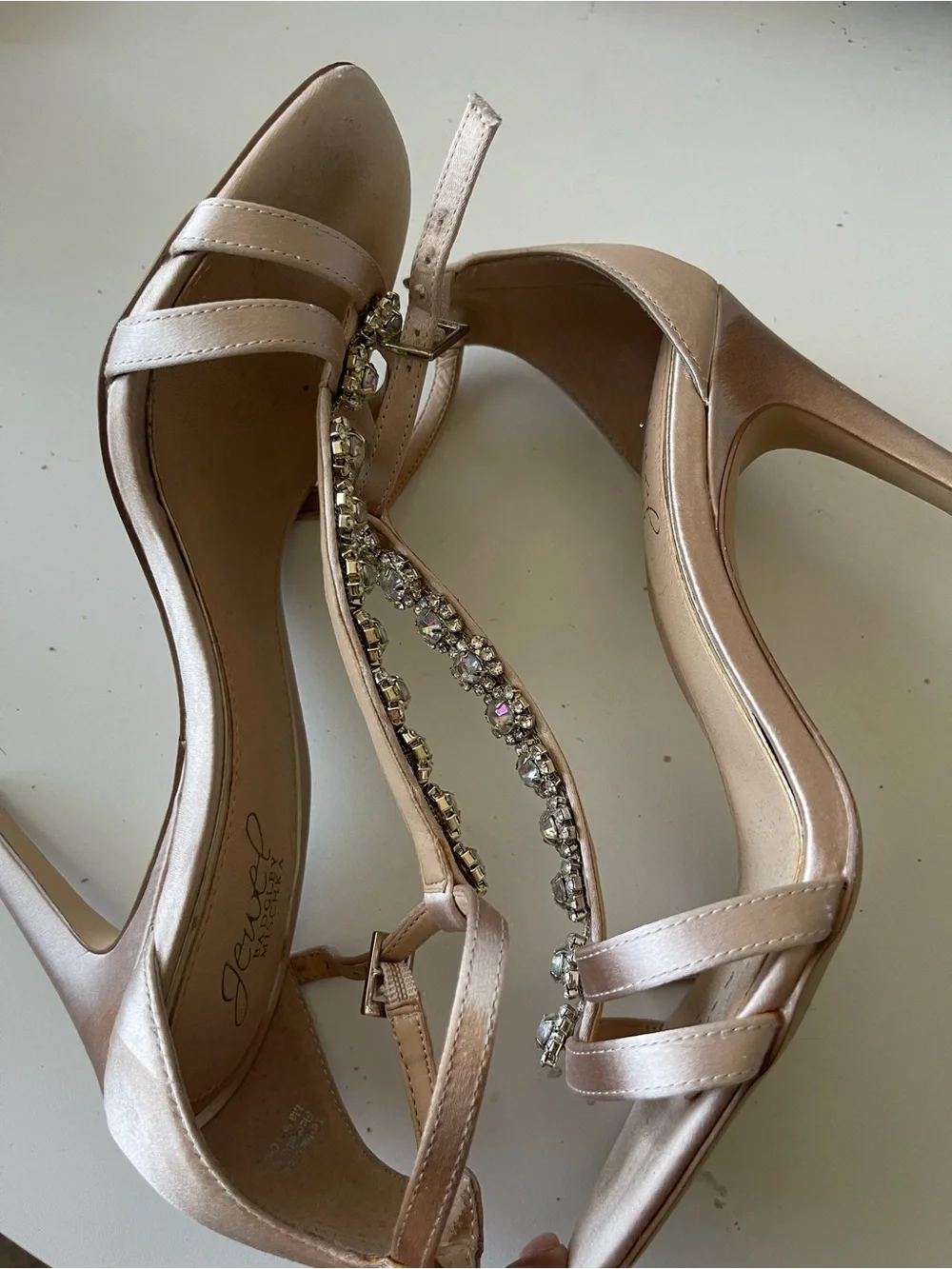 Jewel Badgley Mischka Champagne Satin T-Strap Crystal Sandals